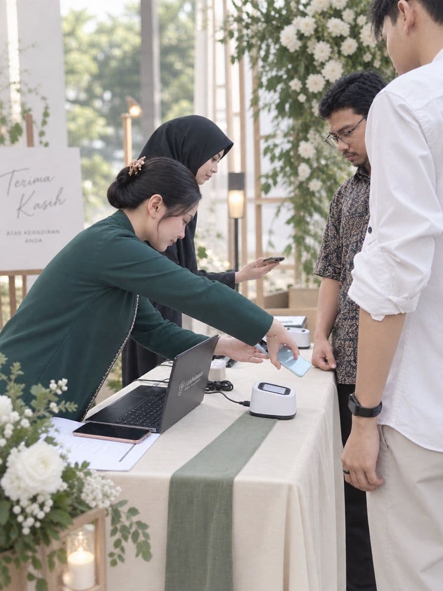 A receptionist scans the QR code on a guest's phone at the welcome desk
